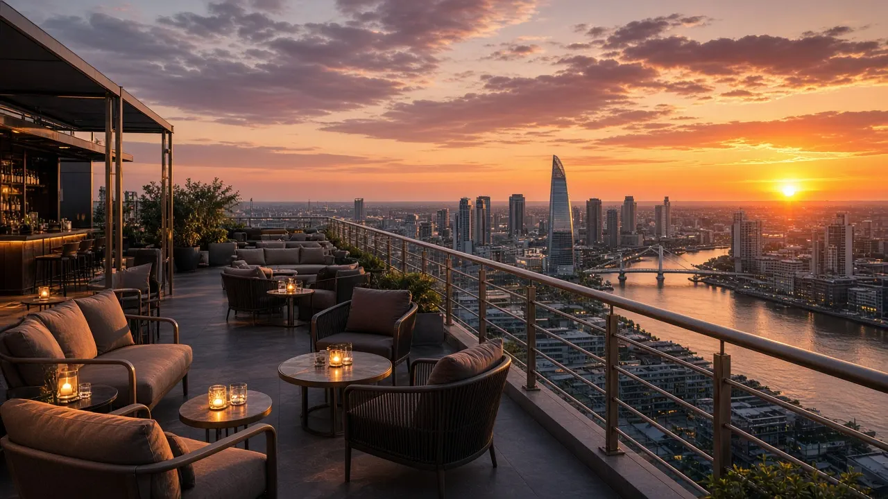Rooftop bar al atardecer sobre Puerto Madero