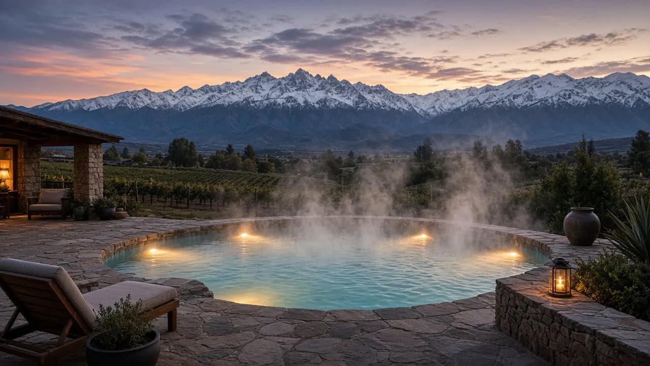 Piscina exterior del spa con vista a la cordillera