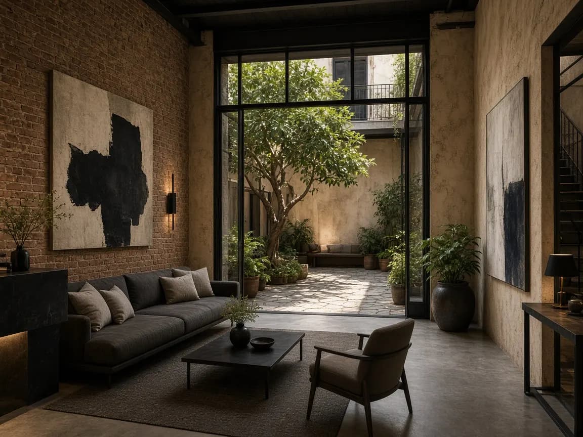 Lobby boutique con patio central y arte