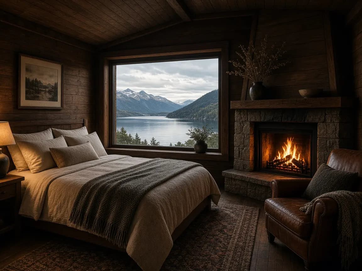 Habitación de madera con textiles de lana
