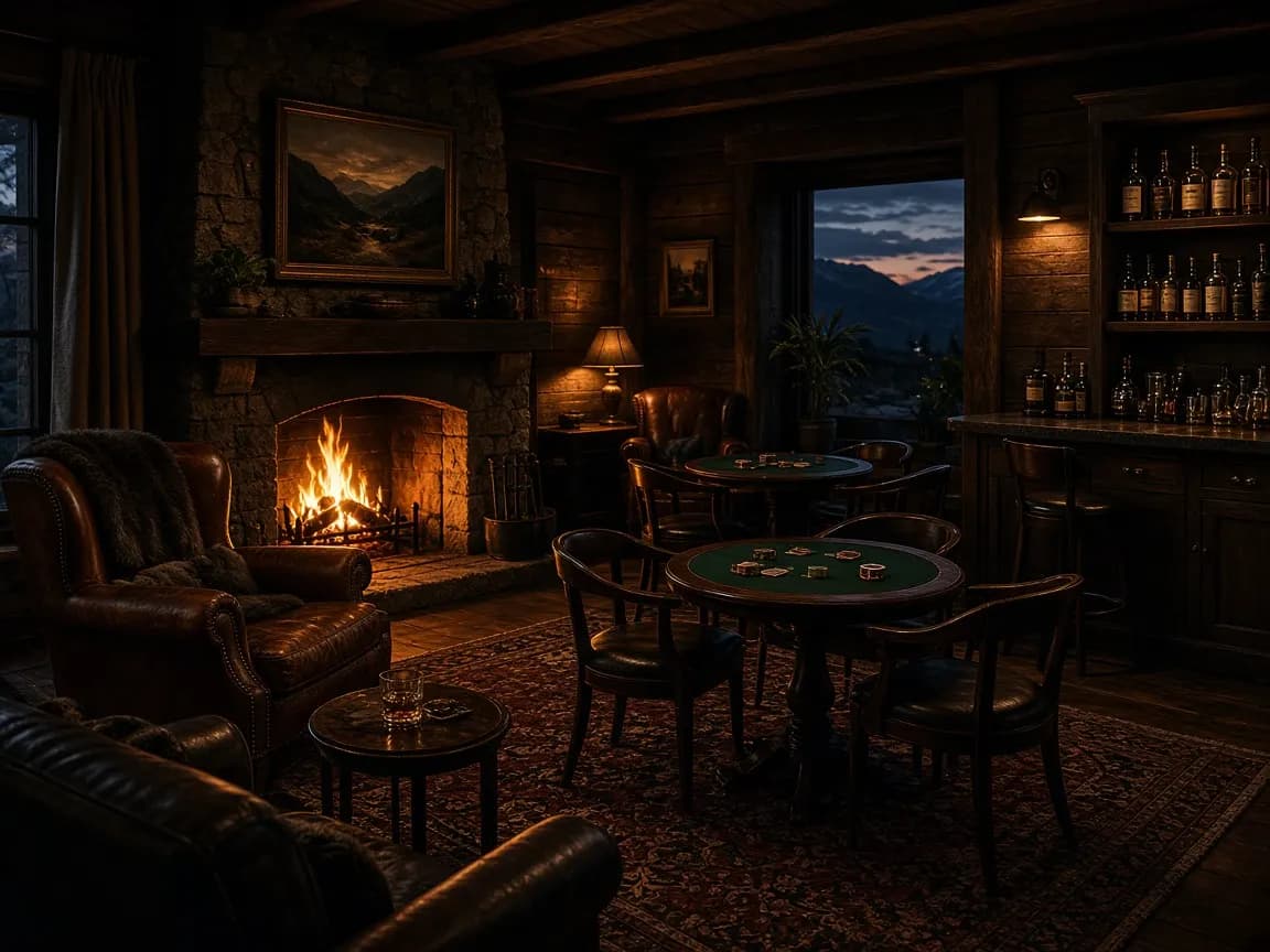 Salón Huapi con chimenea y mesas de entretenimiento