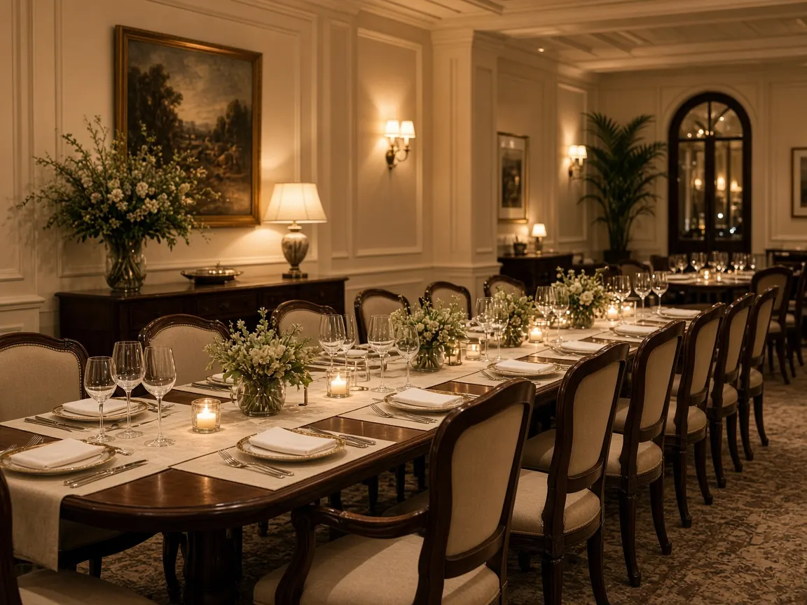 Comedor Alberdi con mesa larga y vajilla clásica