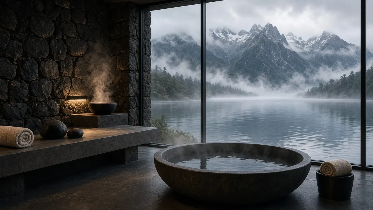 Spa con vista a lago patagónico